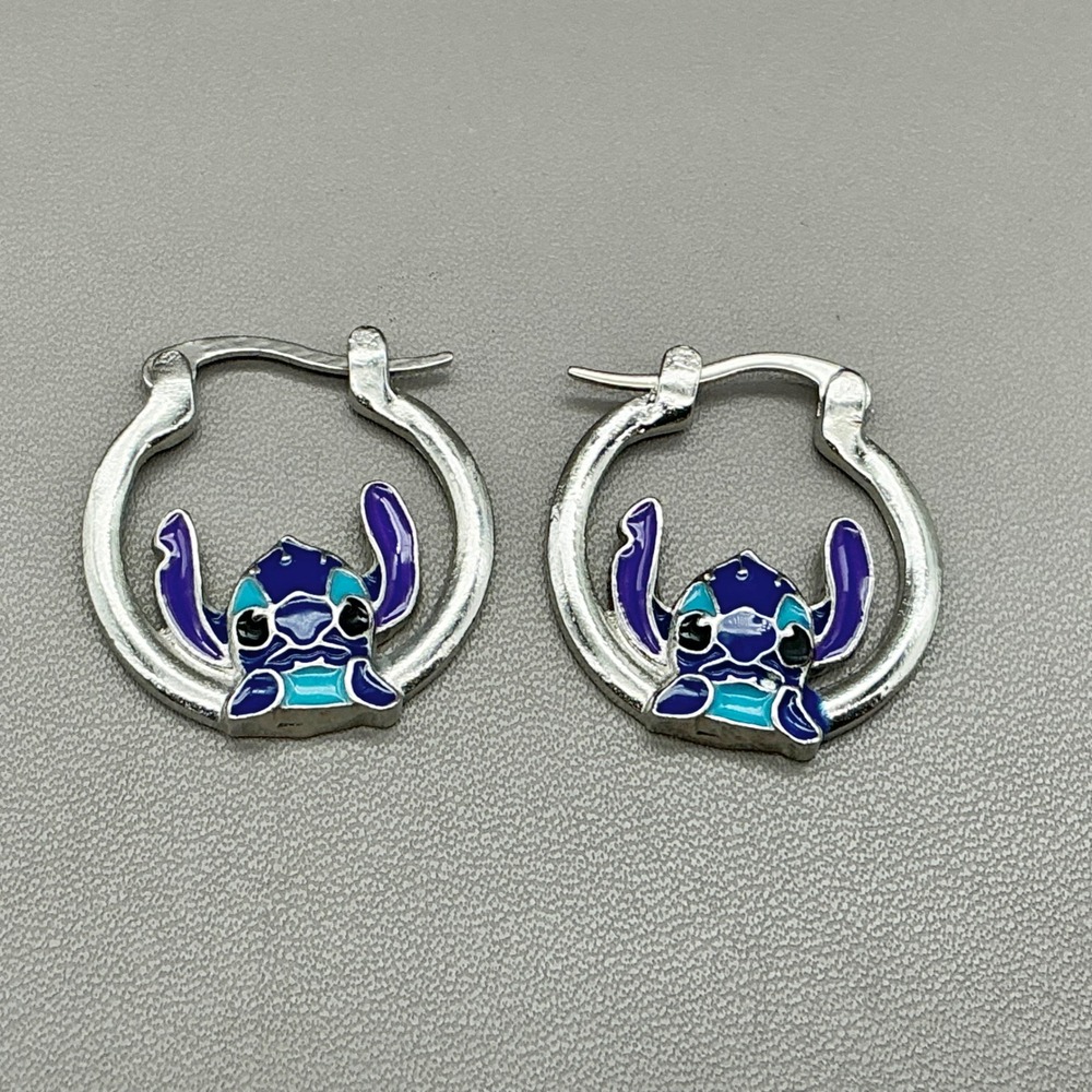 Disney Stitch Hoop Earrings Women Blue Purple Silver Tone Enamel Lilo & Stitch